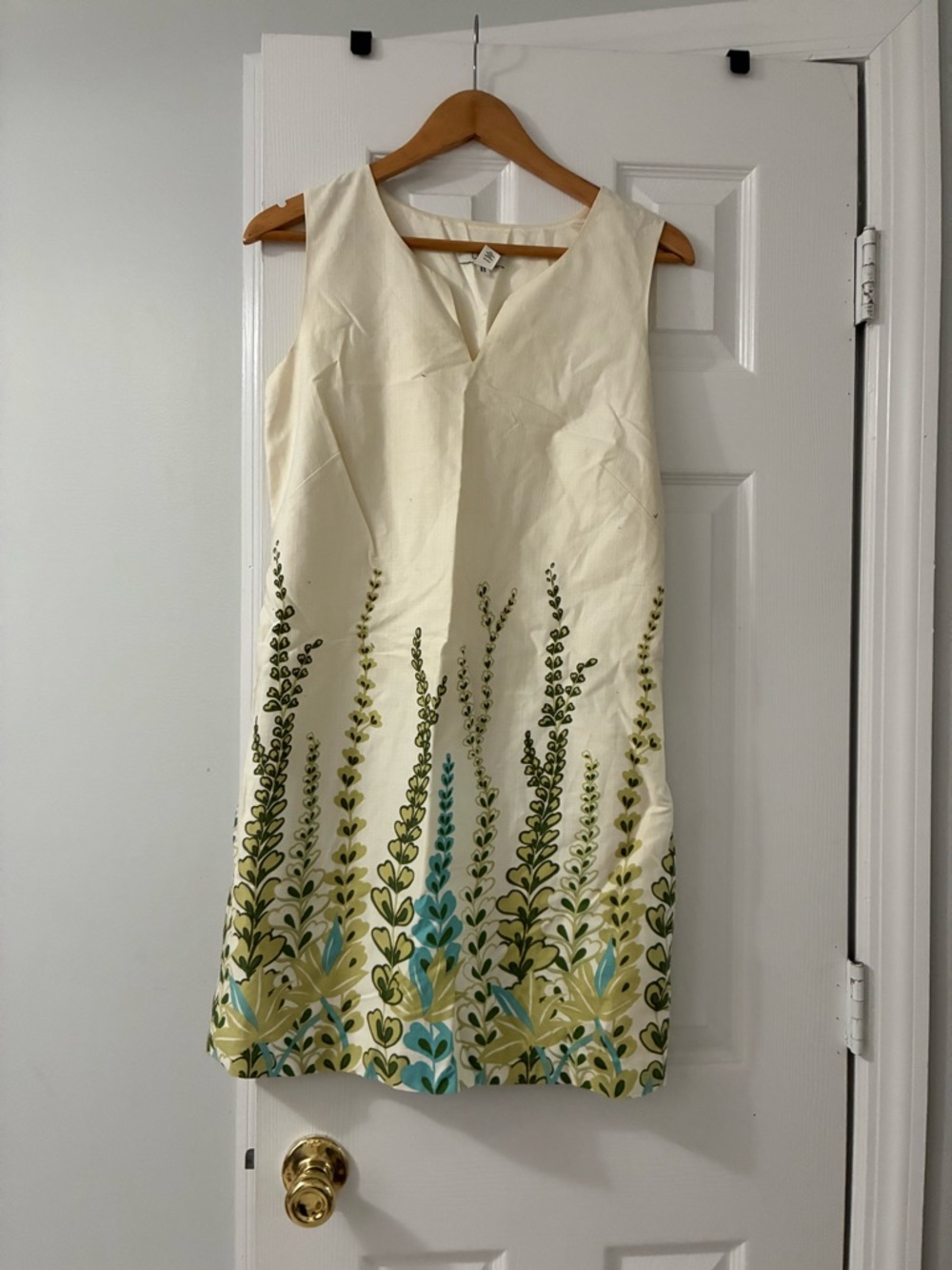 LOFT Cream Mini Dress with Green and Blue Botanical Border